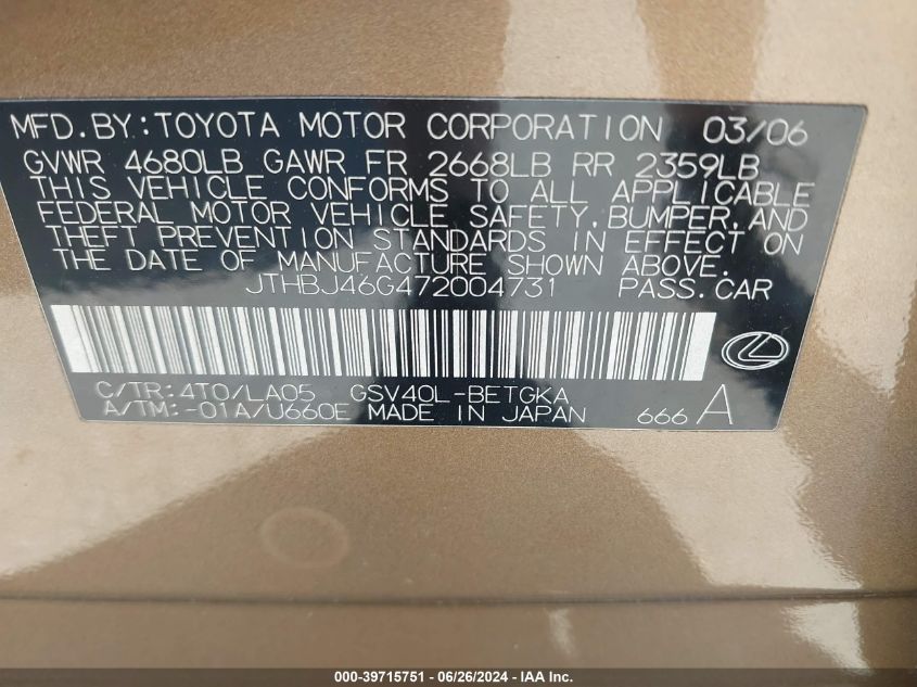 2007 Lexus Es 350 VIN: JTHBJ46G472004731 Lot: 39715751