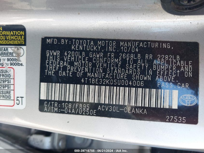 2005 Toyota Camry Std VIN: 4T1BE32K05U004006 Lot: 39715755