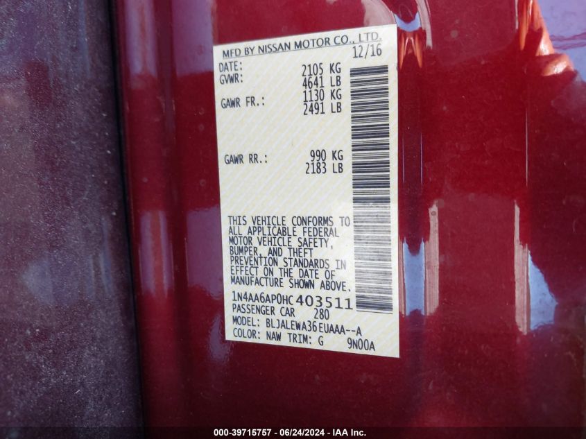 2017 Nissan Maxima 3.5 Sl VIN: 1N4AA6AP0HC403511 Lot: 39715757