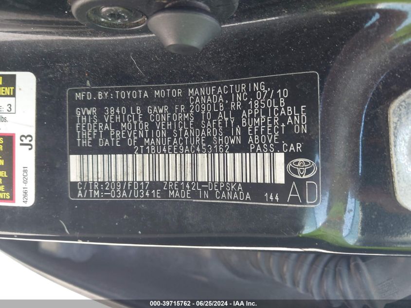 2010 Toyota Corolla S VIN: 2T1BU4EE9AC453162 Lot: 39715762