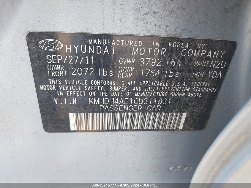 2012 Hyundai Elantra Gls (Ulsan Plant) VIN: KMHDH4AE1CU311831 Lot: 39715777