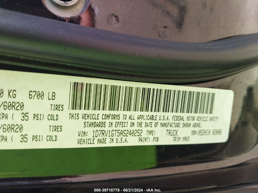 2010 Dodge Ram 1500 Slt/Sport/Trx VIN: 1D7RV1GT5AS240252 Lot: 39715778