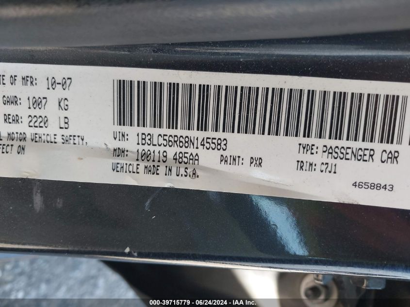 2008 Dodge Avenger Sxt VIN: 1B3LC56R68N145583 Lot: 39715779