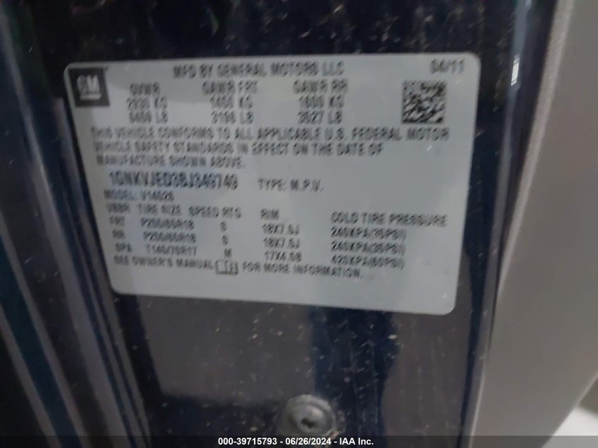 2011 Chevrolet Traverse 2Lt VIN: 1GNKVJED3BJ349749 Lot: 39715793