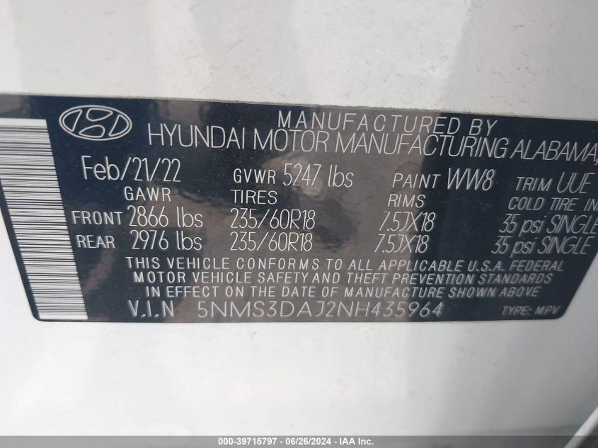 2022 Hyundai Santa Fe Sel VIN: 5NMS3DAJ2NH435964 Lot: 39715797