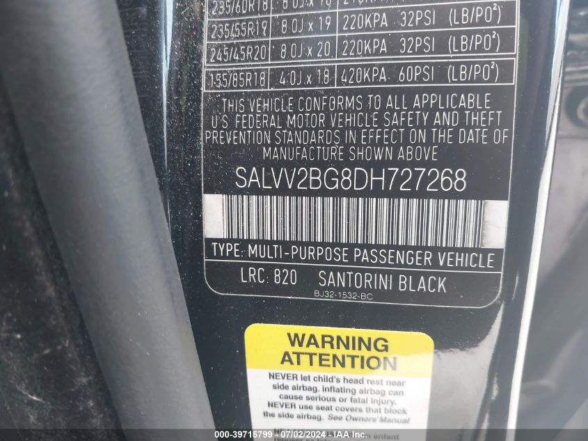 2013 Land Rover Range Rover Evoque Prestige Premium VIN: SALVV2BG8DH727268 Lot: 39715799