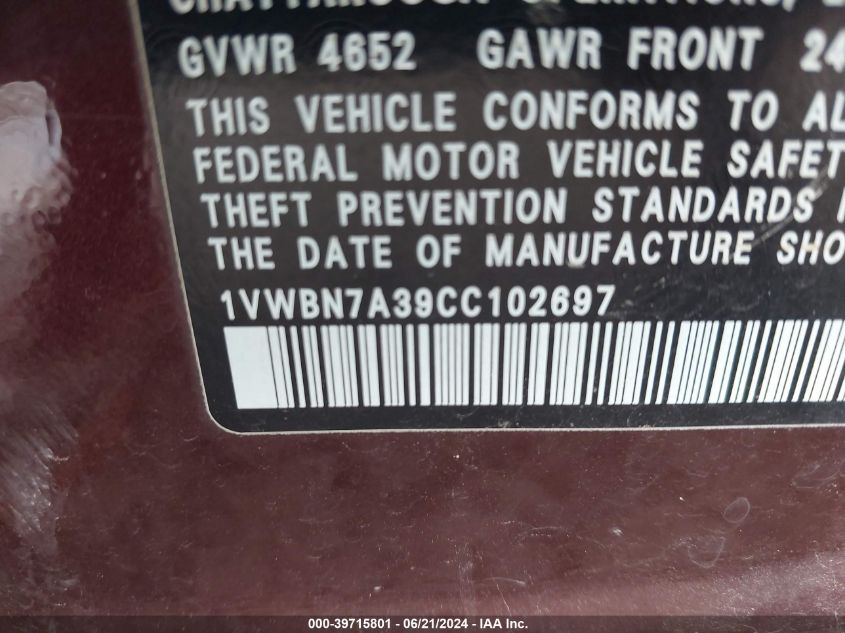 2012 Volkswagen Passat 2.0L Tdi Se VIN: 1VWBN7A39CC102697 Lot: 39715801