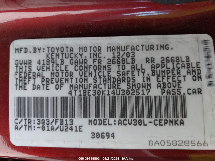 2004 Toyota Camry Le VIN: 4T1BE30K14U302517 Lot: 39715803