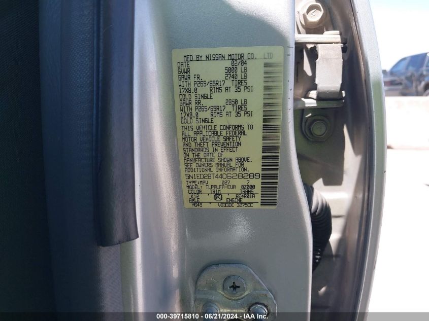 2004 Nissan Xterra Se VIN: 5N1ED28T44C628289 Lot: 39715810