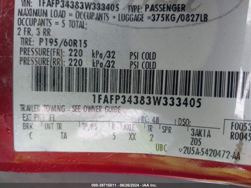 2003 Ford Focus Se VIN: 1FAFP34383W333405 Lot: 39715811