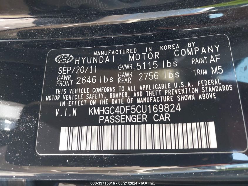 2012 Hyundai Genesis 4.6 VIN: KMHGC4DF5CU169824 Lot: 39715816