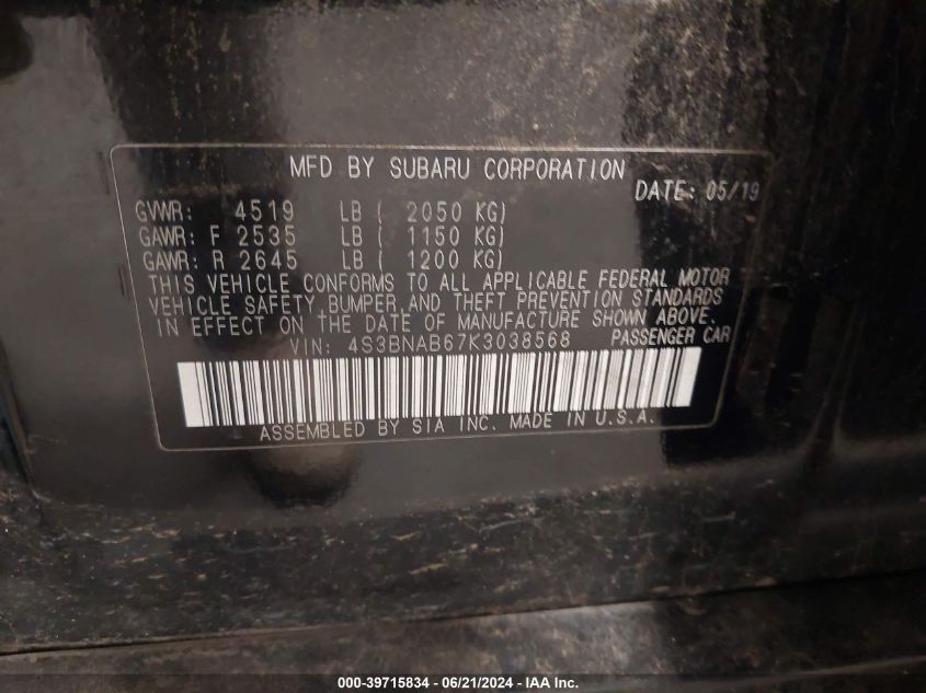 2019 Subaru Legacy 2.5I VIN: 4S3BNAB67K3038568 Lot: 39715834