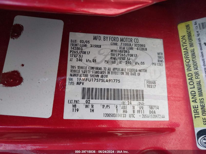 2005 Ford Expedition Eddie Bauer/King Ranch VIN: 1FMFU17575LA91775 Lot: 39715836