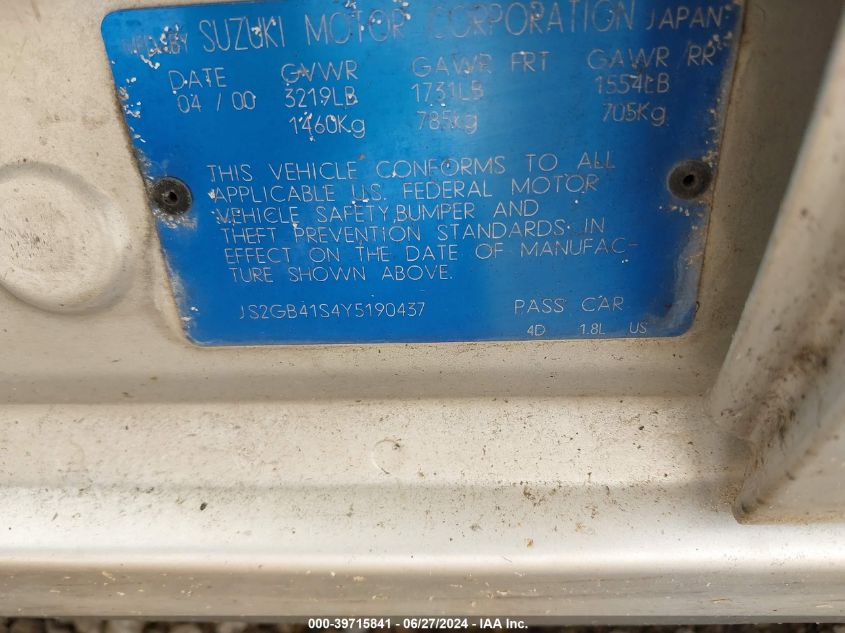 2000 Suzuki Esteem Gl 1.8/Glx 1.8/Glx+ VIN: JS2GB41S4Y5190437 Lot: 39715841