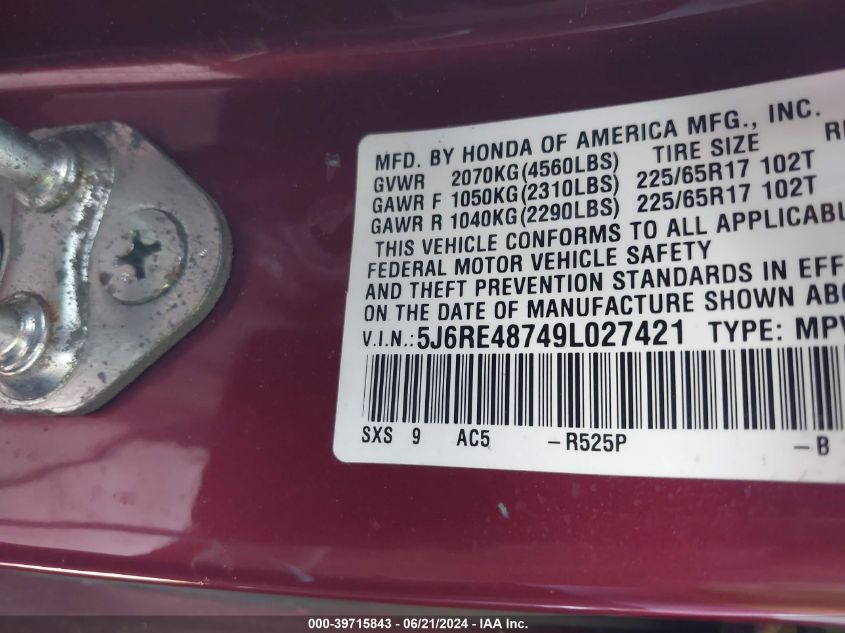 2009 Honda Cr-V Ex-L VIN: 5J6RE48749L027421 Lot: 39715843