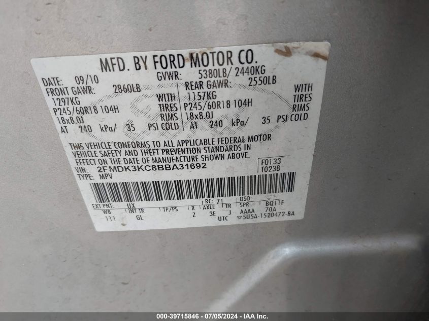 2011 Ford Edge Limited VIN: 2FMDK3KC8BBA31692 Lot: 39715846