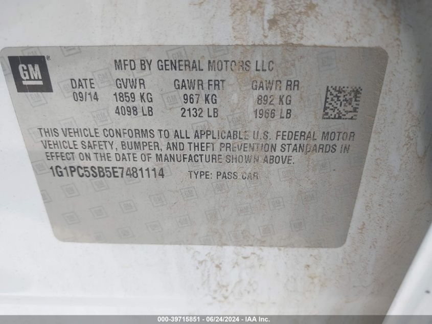 2014 Chevrolet Cruze Lt VIN: 1G1PC5SB5E7481114 Lot: 39715851