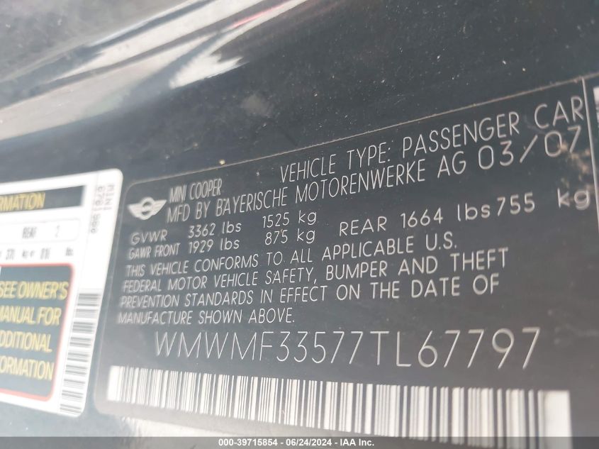 2007 Mini Cooper VIN: WMWMF33577TL67797 Lot: 39715854