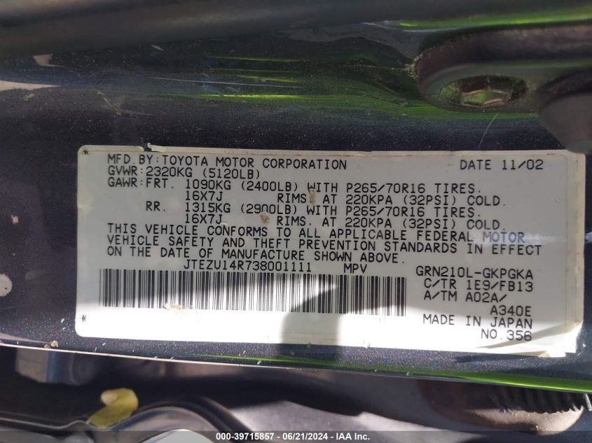 2003 Toyota 4Runner Sr5 Sport V6 VIN: JTEZU14R738001111 Lot: 39715857