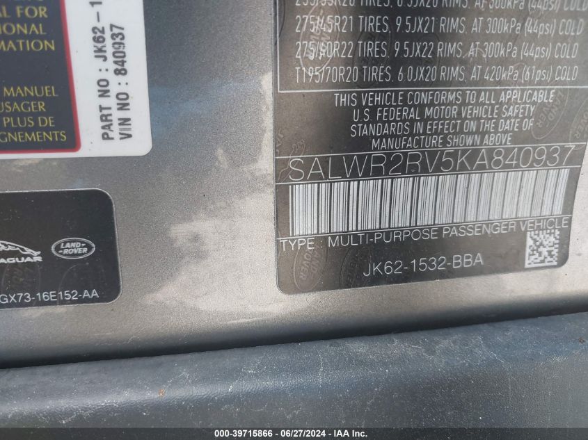 2019 Land Rover Range Rover Sport Hse VIN: SALWR2RV5KA840937 Lot: 39715866