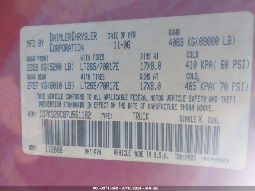 2007 Dodge Ram 2500 Slt/Trx4 Off Road/Sport/Power Wagon VIN: 1D7KS28C87J561182 Lot: 39715869