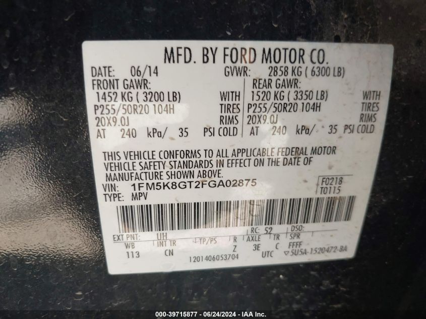 2015 Ford Explorer Sport VIN: 1FM5K8GT2FGA02875 Lot: 39715877