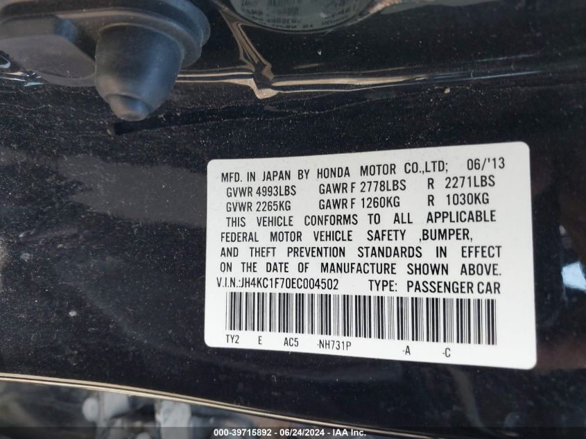 2014 Acura Rlx VIN: JH4KC1F70EC004502 Lot: 39715892