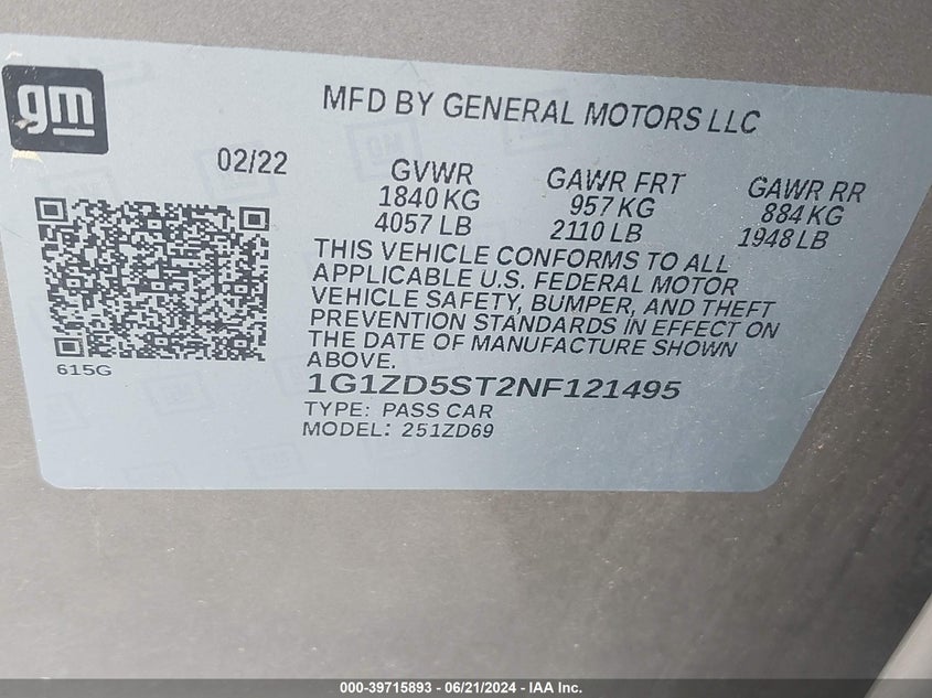 2022 Chevrolet Malibu Fwd Lt VIN: 1G1ZD5ST2NF121495 Lot: 39715893