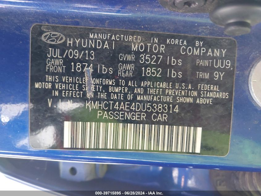 2013 Hyundai Accent Gls VIN: KMHCT4AE4DU538314 Lot: 39715895