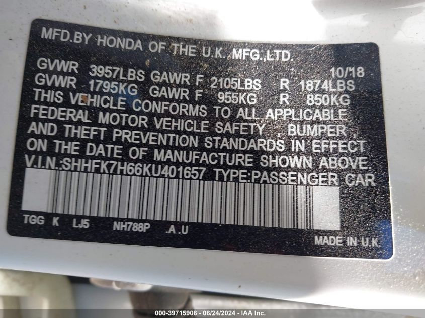 2019 Honda Civic Ex VIN: SHHFK7H66KU401657 Lot: 39715906