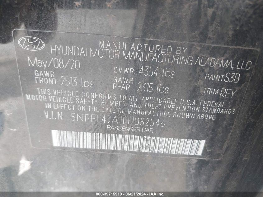 2020 Hyundai Sonata Sel VIN: 5NPEL4JA1LH052546 Lot: 39715919