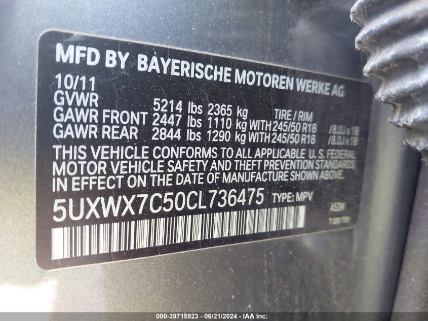 2012 BMW X3 xDrive35I VIN: 5UXWX7C50CL736475 Lot: 39715923