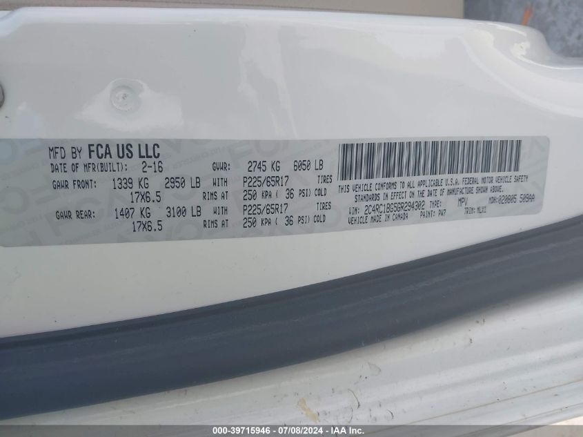 2016 Chrysler Town & Country Touring VIN: 2C4RC1BG5GR294302 Lot: 39715946