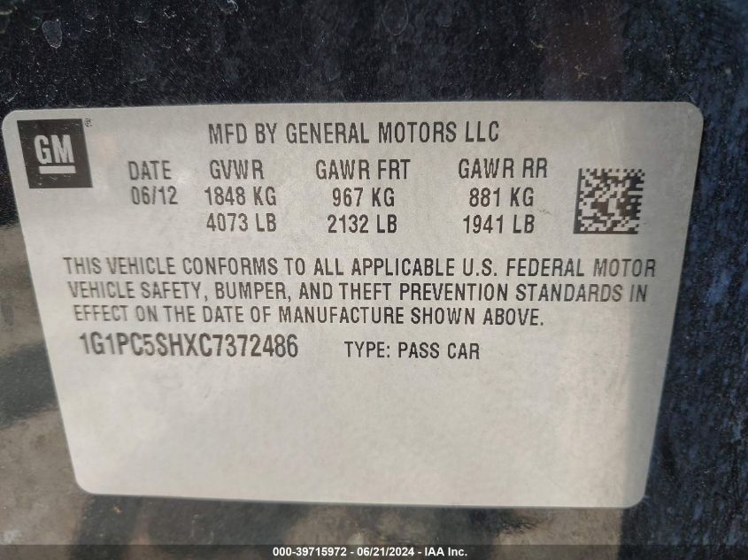 2012 Chevrolet Cruze Ls VIN: 1G1PC5SHXC7372486 Lot: 39715972