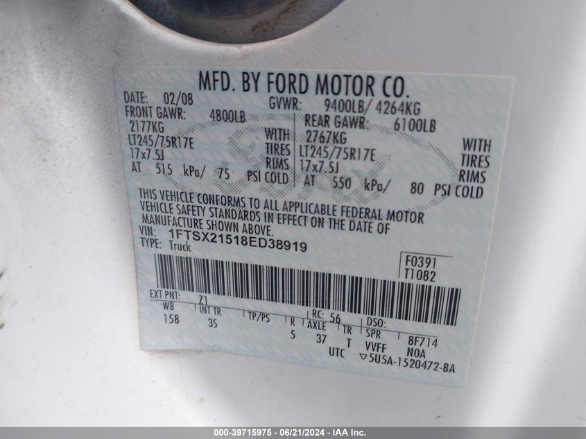 2008 Ford F-250 Fx4/Lariat/Xl/Xlt VIN: 1FTSX21518ED38919 Lot: 39715975
