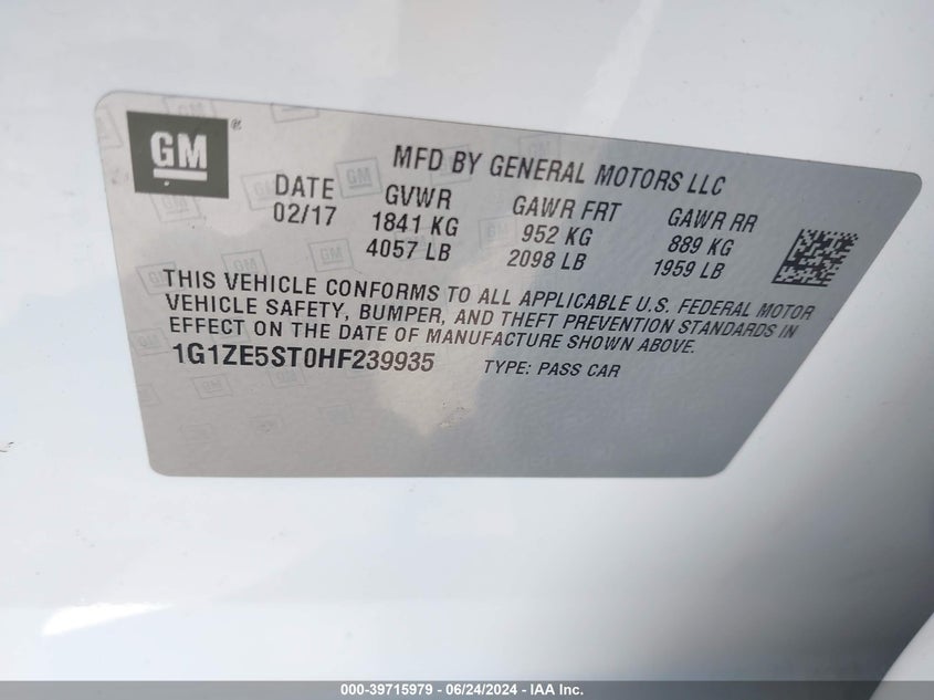 2017 Chevrolet Malibu 1Lt VIN: 1G1ZE5ST0HF239935 Lot: 39715979