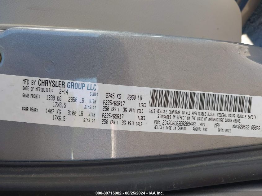 2014 Dodge Grand Caravan Sxt VIN: 2C4RDGCG3ER289403 Lot: 39715982