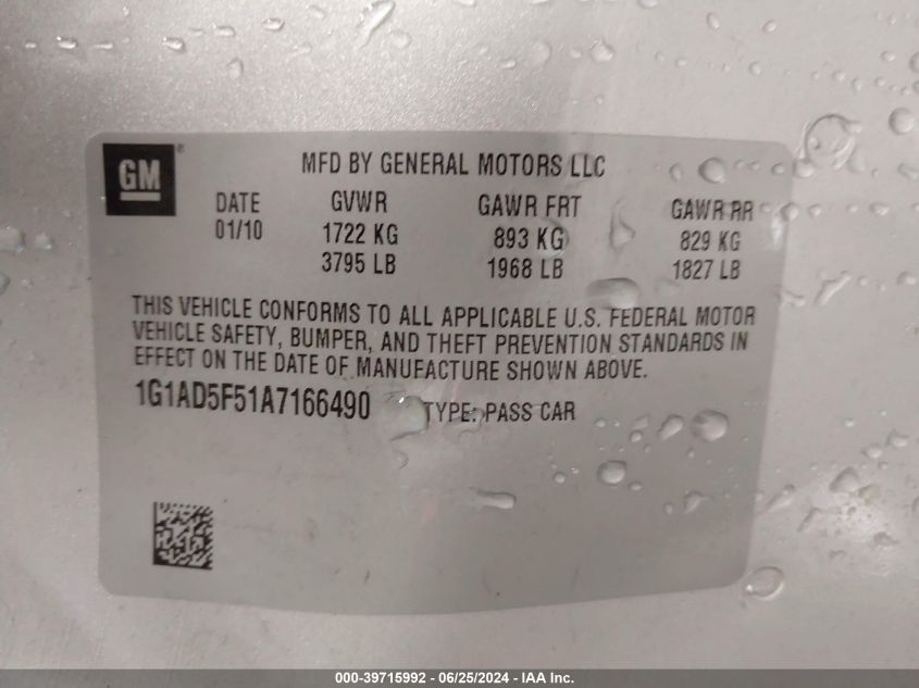 2010 Chevrolet Cobalt Lt VIN: 1G1AD5F51A7166490 Lot: 39715992