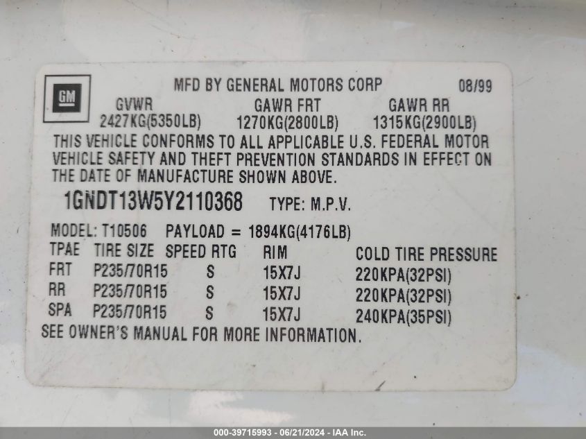 2000 Chevrolet Blazer Ls VIN: 1GNDT13W5Y2110368 Lot: 39715993
