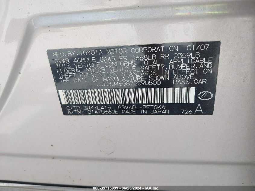 2007 Lexus Es 350 VIN: JTHBJ46G872090500 Lot: 39715999