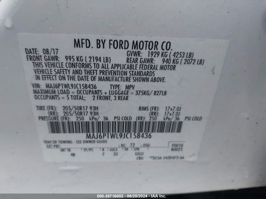 2018 Ford Ecosport Titanium VIN: MAJ6P1WL9JC158436 Lot: 39716002