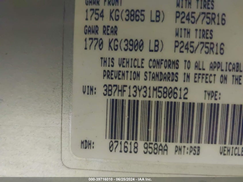 2001 Dodge Ram 1500 St VIN: 3B7HF13Y31M580612 Lot: 39716010