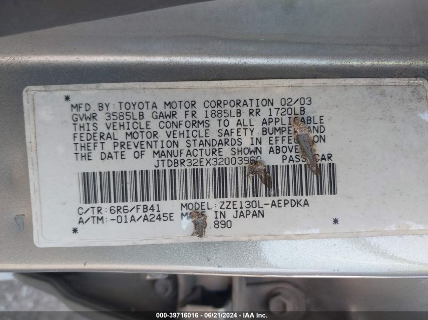 2003 Toyota Corolla Ce/Le VIN: JTDBR32EX32003960 Lot: 39716016