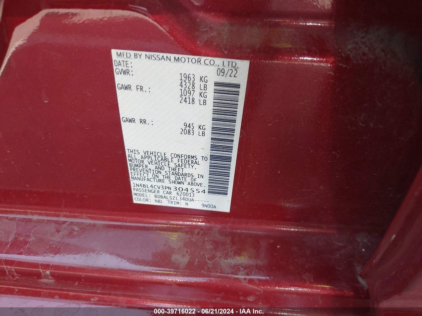 VIN 1N4BL4CV3PN304554 2023 NISSAN ALTIMA SR FWD