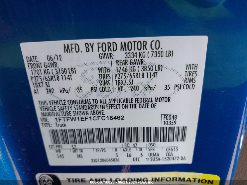 2012 Ford F-150 Xlt VIN: 1FTFW1EF1CFC18462 Lot: 39716029