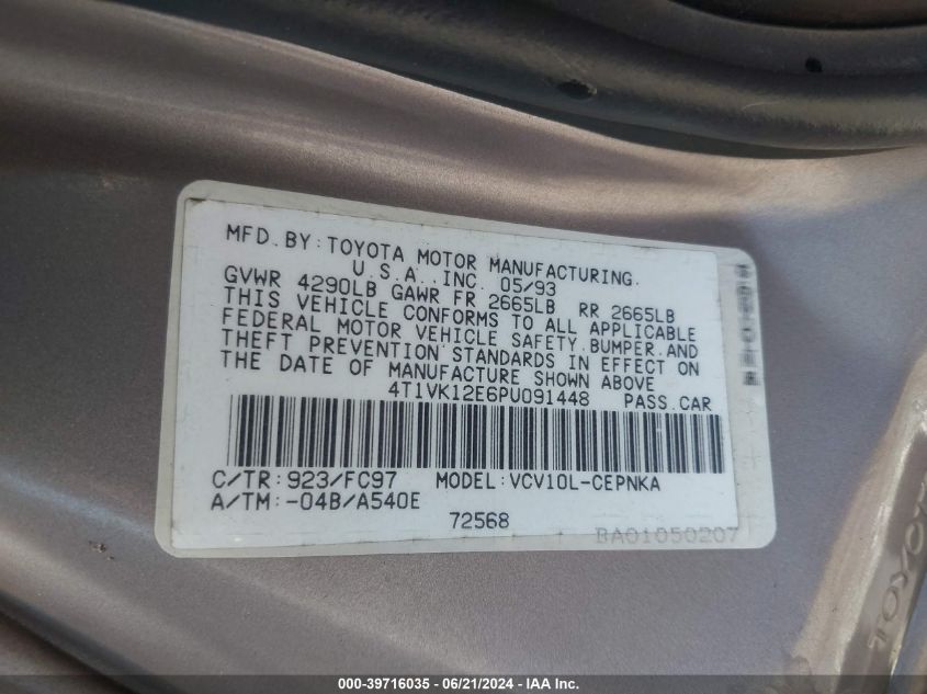 1993 Toyota Camry Le VIN: 4T1VK12E6PU091448 Lot: 39716035