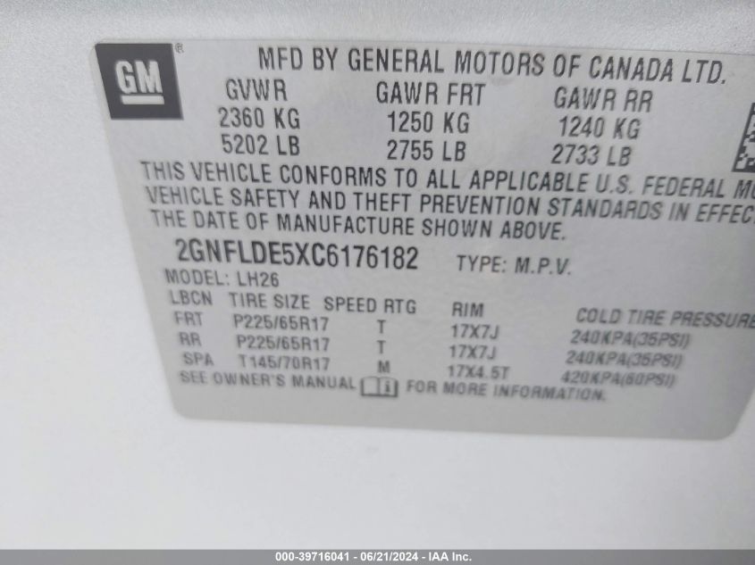 2012 Chevrolet Equinox Lt VIN: 2GNFLDE5XC6176182 Lot: 39716041