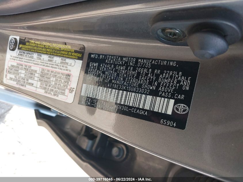 2005 Toyota Camry Xle VIN: 4T1BE32K15U633032 Lot: 39716045