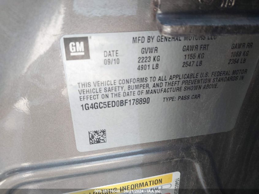 2011 Buick Lacrosse Cxl VIN: 1G4GC5ED0BF178890 Lot: 39716048