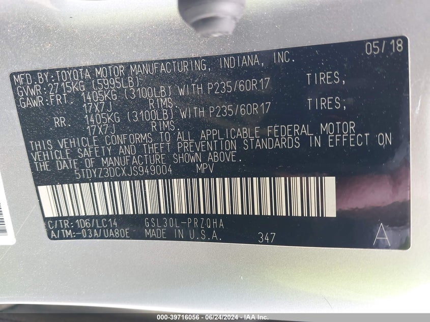 2018 Toyota Sienna Xle 8 Passenger VIN: 5TDYZ3DCXJS949004 Lot: 39716056